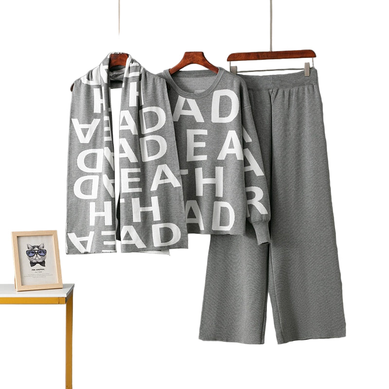 Elegant Women’s Knitted Suit – Letter Shawl, Woolen Round Neck Top & Casual Wide-Leg Pants