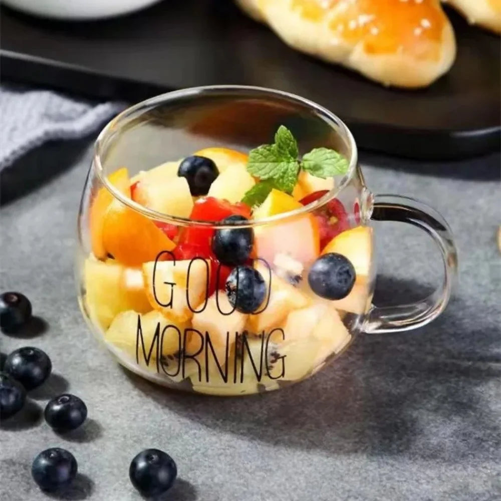 350ml Glass Coffee Tea Cup 1pc Letter Printed Mug Drinks Dessert Breakfast Milk Cup Glass Mugs Handle Drinkware