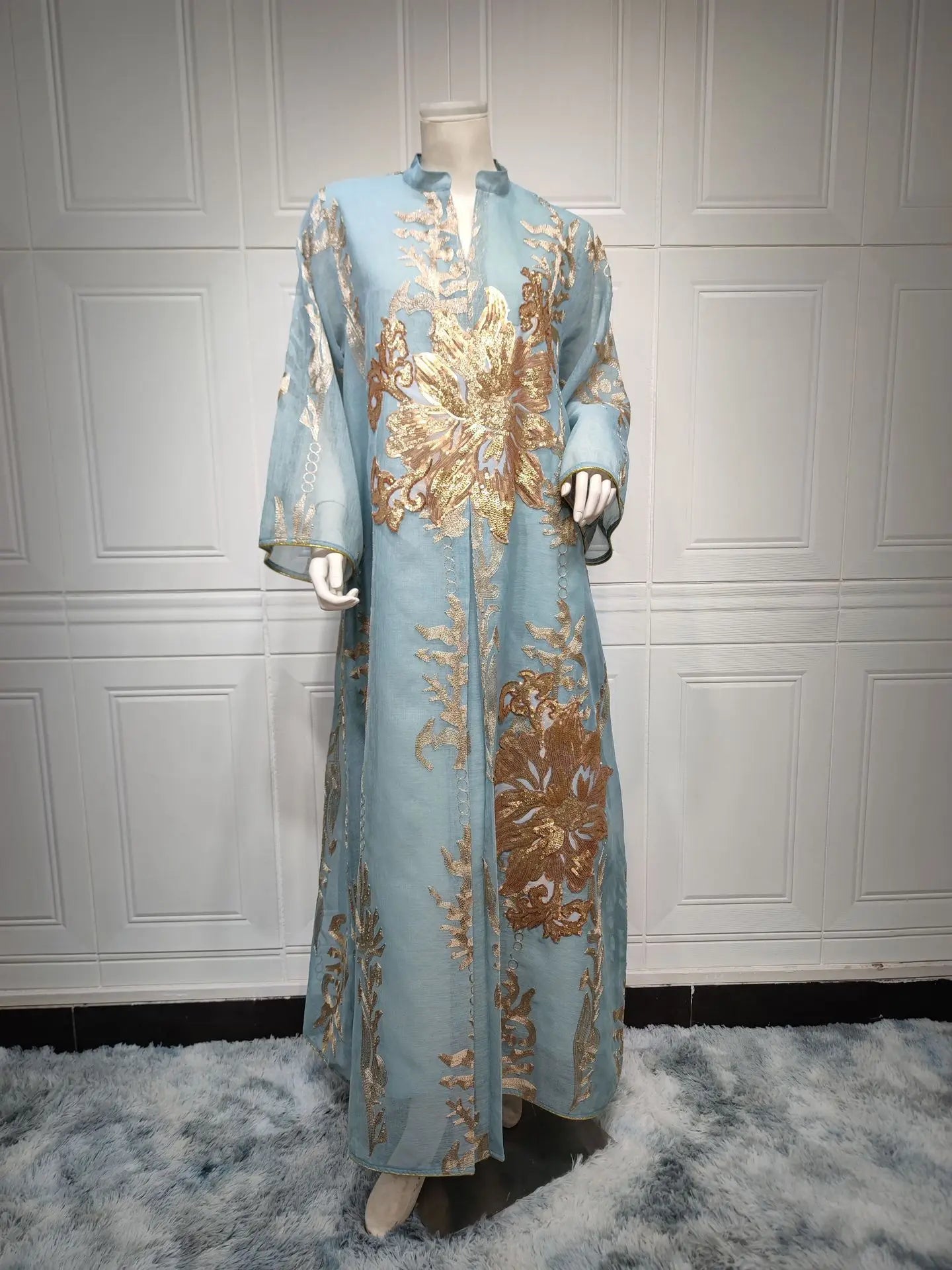 Women's New White Abaya Dress Sequins Embroidery Moroccan Kaftan Turkish Arabic Jalabiya Ethnically Islamic Robe Natural