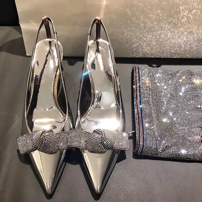 BUSY GIRL T006 Women's Shoes Silver and champagne Luxury 6cm Heel Pointed Patent Leather Dress Shoes Ladies Pump Shoes