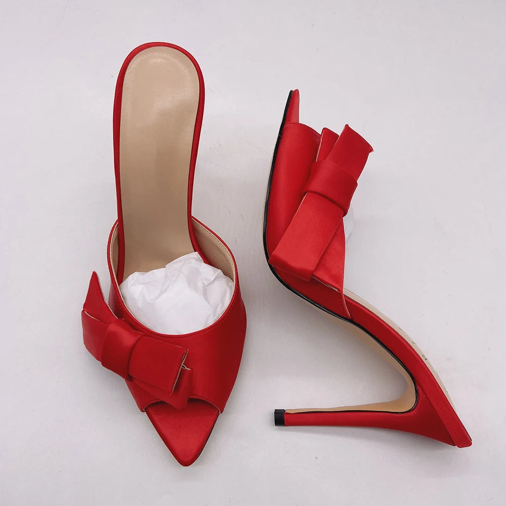 Summer Pointed Toe Satin Mules Shoes Women Heels Large Size High Heel Sandals With Bow