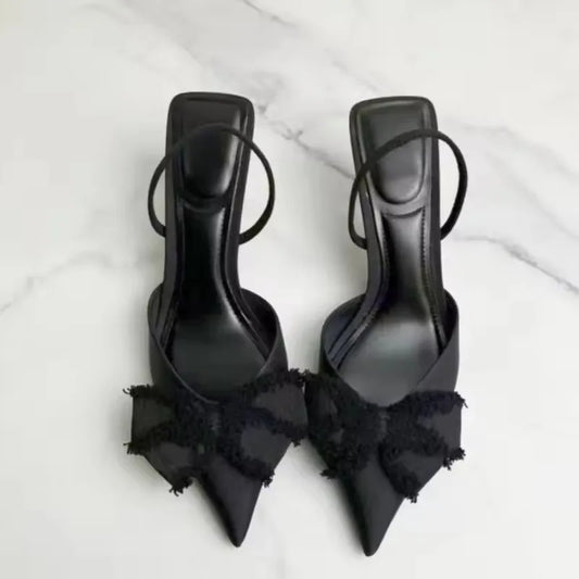 STYLE Slingback Shoes Black Bow Decoration Pointed Toe High Heels Formal Business Stiletto Female Party Sandals