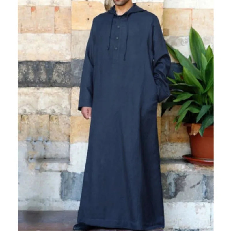 Men Muslim Clothes Solid Color Jubba Thobe Long Sleeve Hooded Robes Dubai Middle East Men Islamic Saudi Arabia Kaftan 5XL