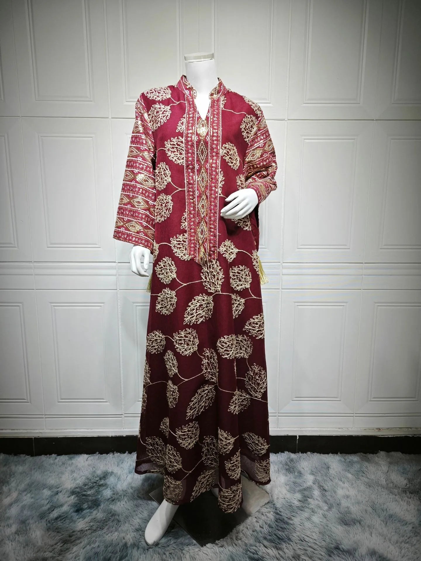 AB423 Luxury Abaya Women Muslim Dress Long Sleeve Embroidered Sequined Robe Middle Eastern Kaftan Dresses Muslim Evening Dress