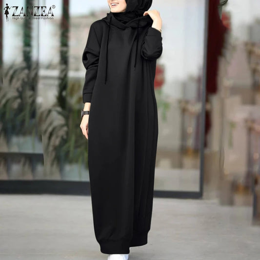Women Winter Pullovers ZANZEA 2025 Stylish Hooded Hoodies Dress Casual Long Sleeve Maxi Vestidos Female Drawstring Robe Femme