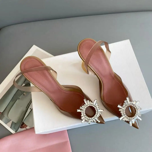 New High-quality Sunflower Crystal Diamond Women's High Heels, PVC Summer Transparent Pointed-toe Thin-heeled Sandals