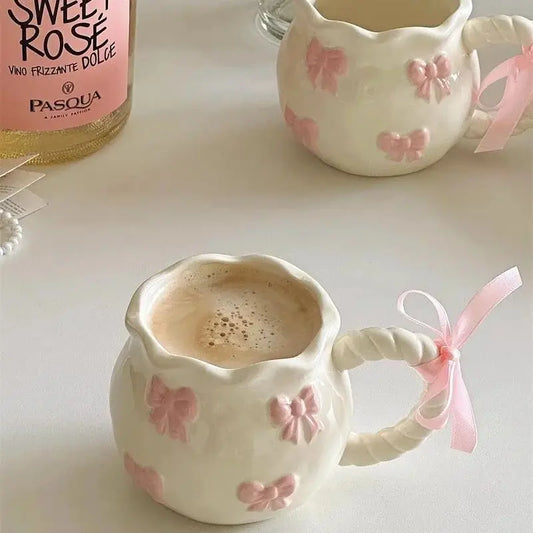 Cute Bow Thickened Ceramic Cup Hand Bow Irregular Mug Cups Coffee Milk Drinks Cup
