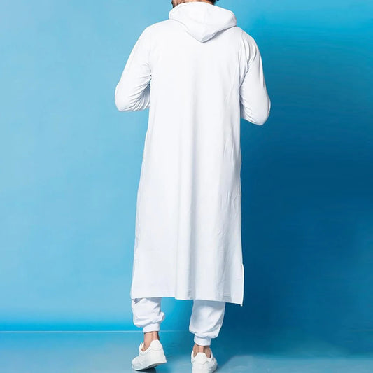 Mens Tops Muslim Middle Eastern Islamic Arabic Clothing Loose Striped Long Sleeve Drawstring Pockets Full Length Hooded Robe