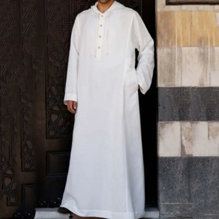 2026 Arabic Style Hooded Long Shirt Mens Muslim Robe Thobe Traditional Islamic Clothing