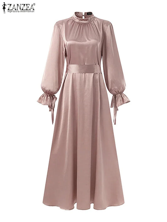 Elegant Muslim Dress Abaya Women Long Dress 2025 ZANZEA Long Sleeve Satin Party Sundress Robe Femme Turkey Hijab Vestidos Kaftan