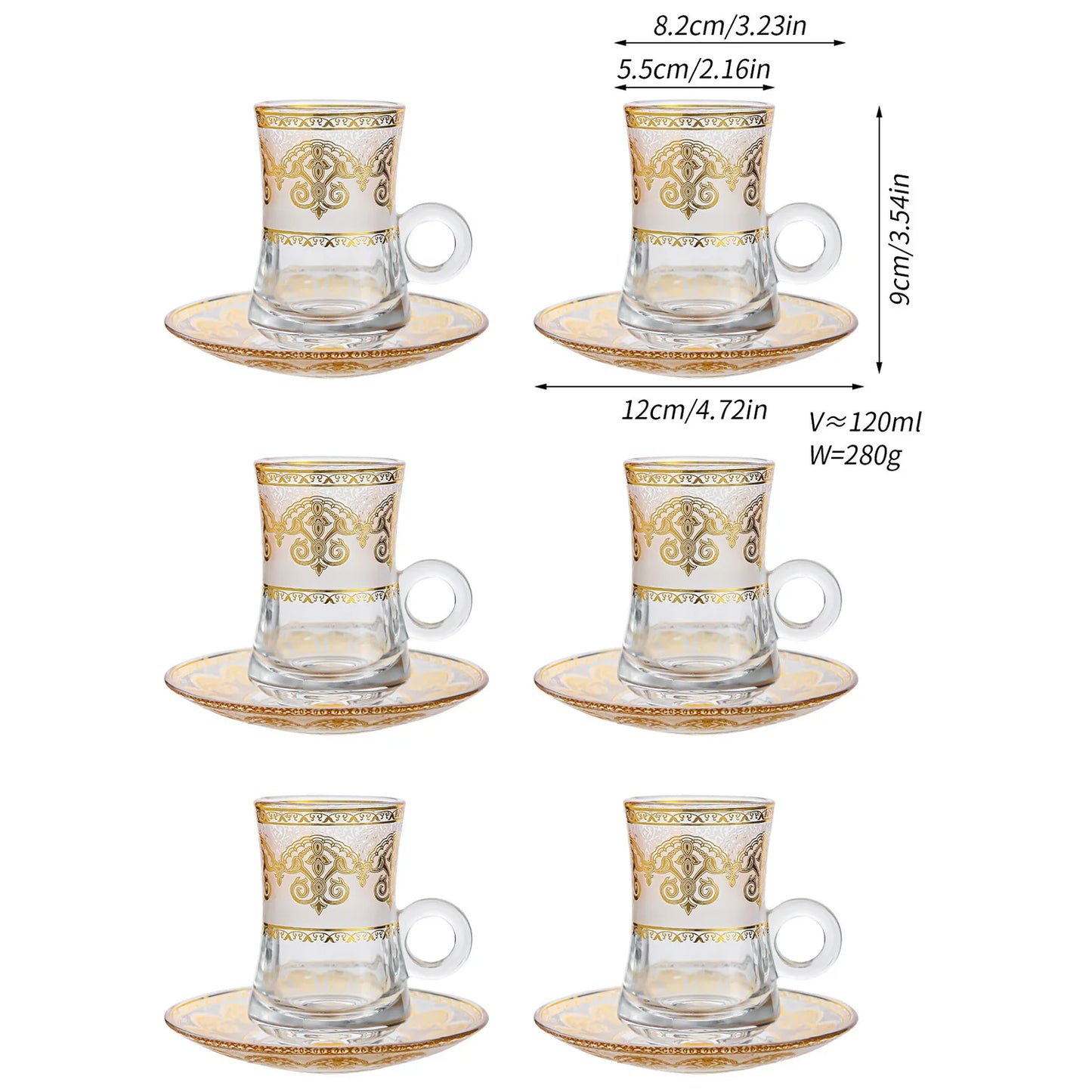 6 Pack Creative Transparent Glass Mug Hot Gold Embossed Flower Glass Coffee Latte Mug