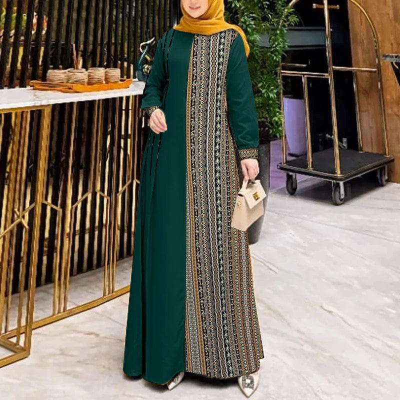 ZANZEA Women Ethnic Printed Panels Maxi Dress Long Sleeve Hijab O Neck Muslim Islamic Patchwork Vestidos Loose Casual Abaya Robe