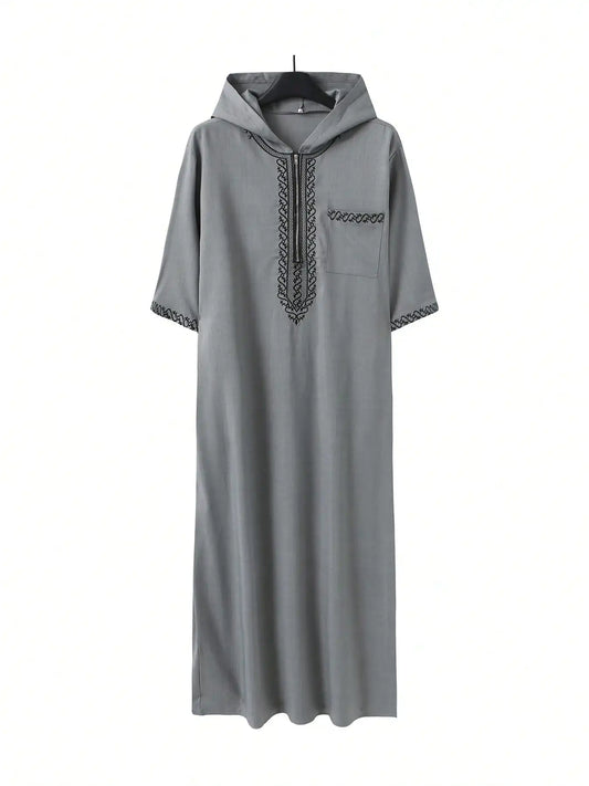 Moroccan Men's Thobe Short-Sleeved Embroidered Hood MuslimIslamicLooseJelleba Abaya - New Edition