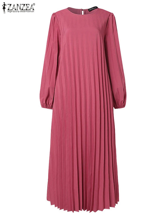 ZANZEA Women Muslim Fashion Dresses Elegant Long Lantern Sleeve Loose IsIamic Vestidos Kaftan Solid Pleated Sundress Robe Femme