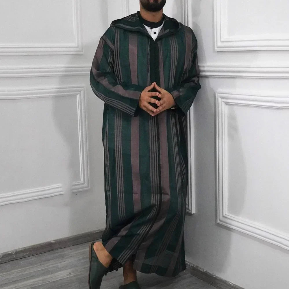 2026 Muslim Men Jubba Thobe Long Sleeve Striped Hooded Breathable Robes Men Thobe Robe Loose Dubai Saudi Arab Kaftan Men Clothes