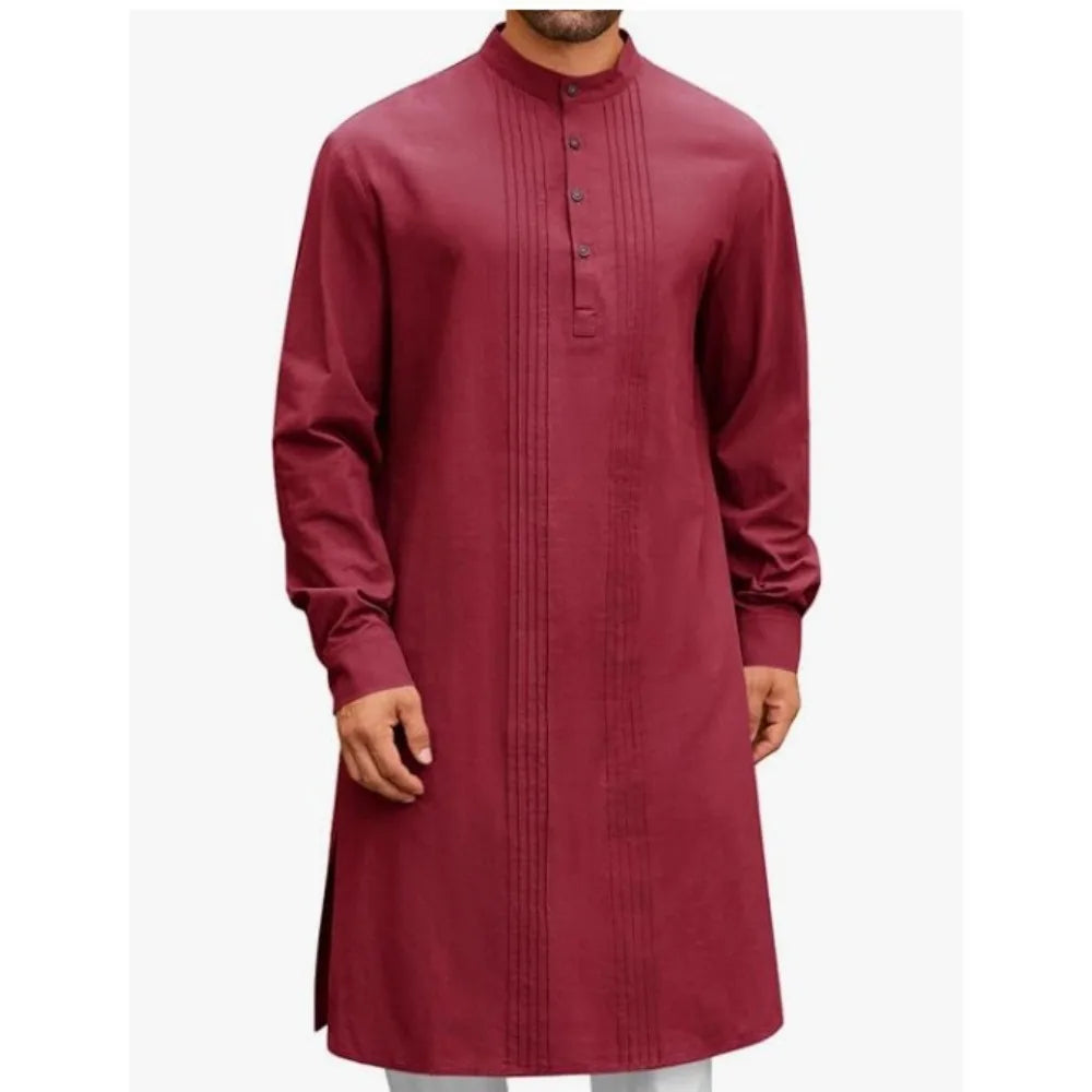Men's Arabic Style Long Shirt - Minimalist Thobe Robe Shirt, Modern Traditional Muslim Wear for Casual & Prayer