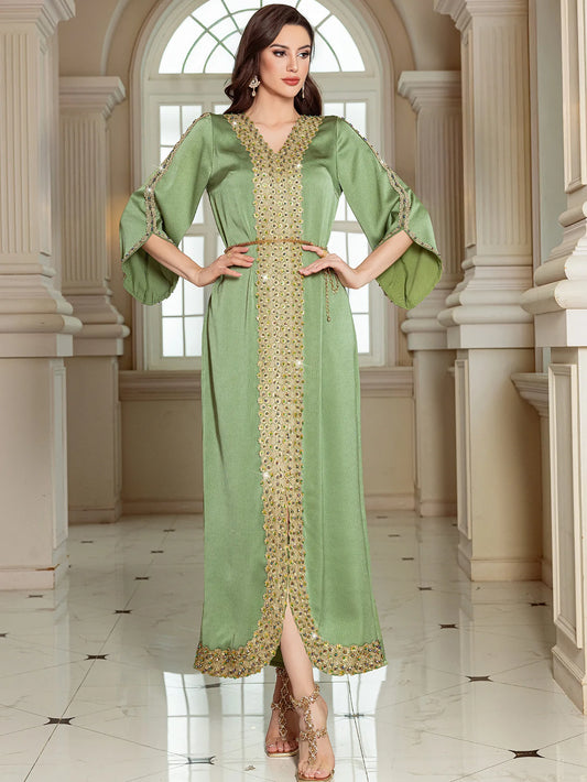 Abaya Jalabiya 2025 Eid Dress Women Muslim Beading Diamond Party Dress Lace Long Dresses Vestidos Largos Arab Long Robe Morocco