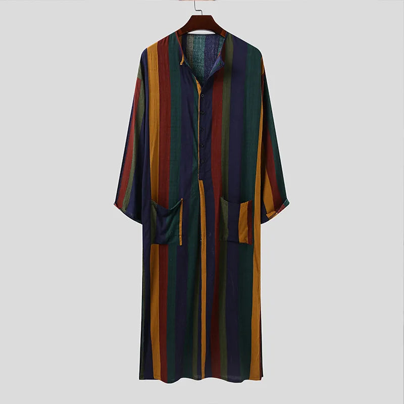 Arab Men's Robe Shirt Long Sleeved Striped Printed T-shirt Muslim Cotton Robe Suitable for Daily Wear and Cultural Activities