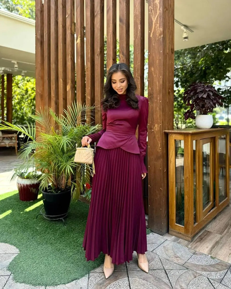 Long Skirt Suit Women Muslim 2 Piece Sets Top Pleated Skirts Modest Outfits Dubai Ramadan Irregular Tops Lace Up Ensemble 2025