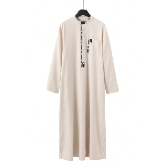 New Muslim Men's Robe Light Grey Elegant Retro Middle Eastern Ethnic Style Printed Button Men's Robe Simple Loose Casual Robe
