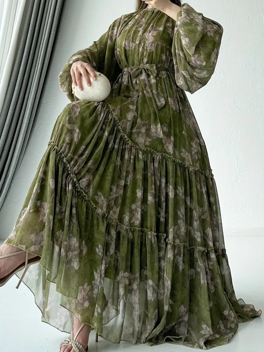 Eid Chiffon Women Dress Abaya Flower Print Muslim Vestidos Largo Dubai Kaftan Arab Long Robe Ramadan Morocco Dresses Jalabiya