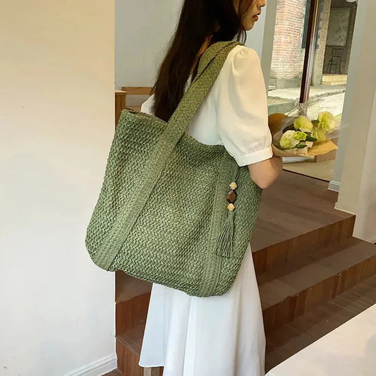 Straw Bag for Women Handmade Woven Shoulder Bag Large Capacity Tote Bags with Pendant Armpit Bag Top-handle Handbag Purse