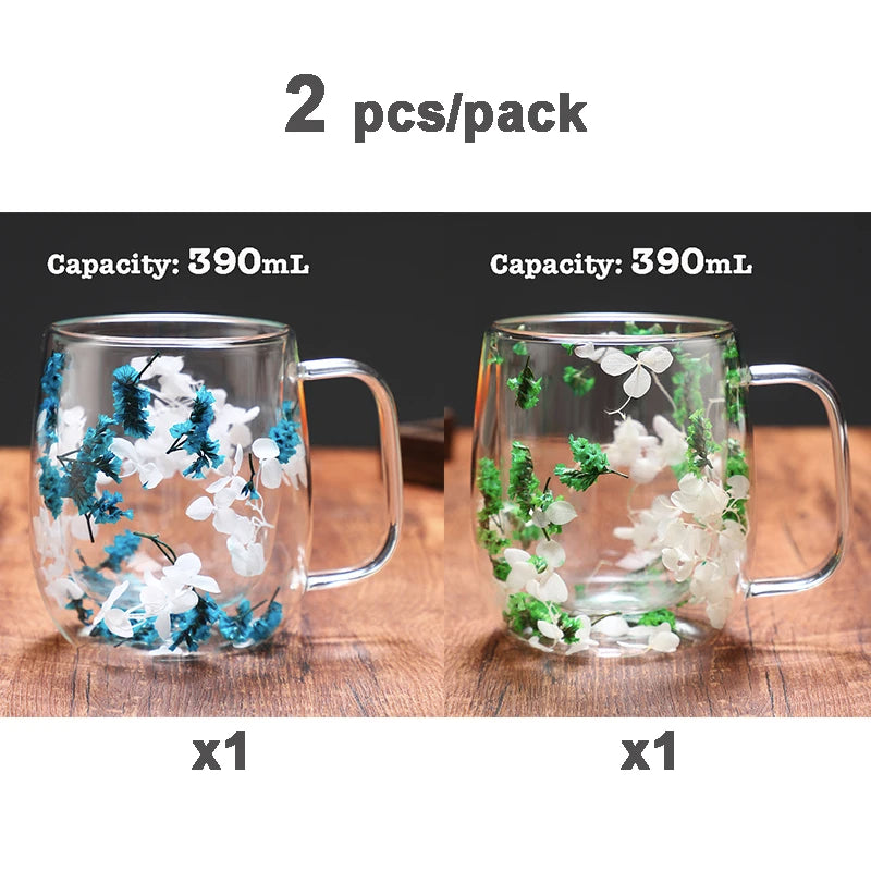 Dried Flower Coffee Mug Double Wall Glass Cup Home Party Cups Cafe Tea Milk Juice Cups For Mother Gift Girls Christmas Gifts