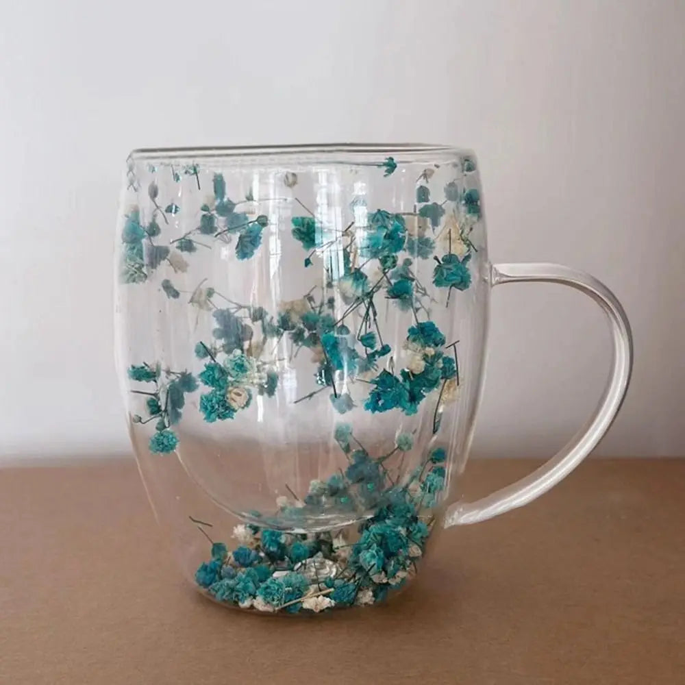 350ml Dried Flower Double Walled Glass Mug Cup Coffee Mug with Dry Flowers Decorative Creative Flower Mug Double Wall Flower Cup