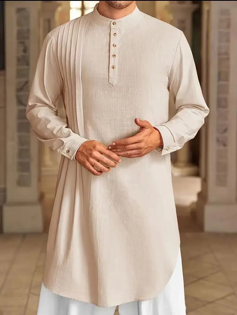 2025 New Muslim Middle East Arab Malaysia Men's Button Cotton Line Shirt Muslim Robe