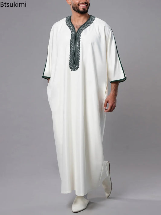 Ethnic Style Kandouras Thobe for Men Jabador Gandoura Side Pockets Embroidery Abaya Long Sleeve Muslim Kaftan Vintage White Robe