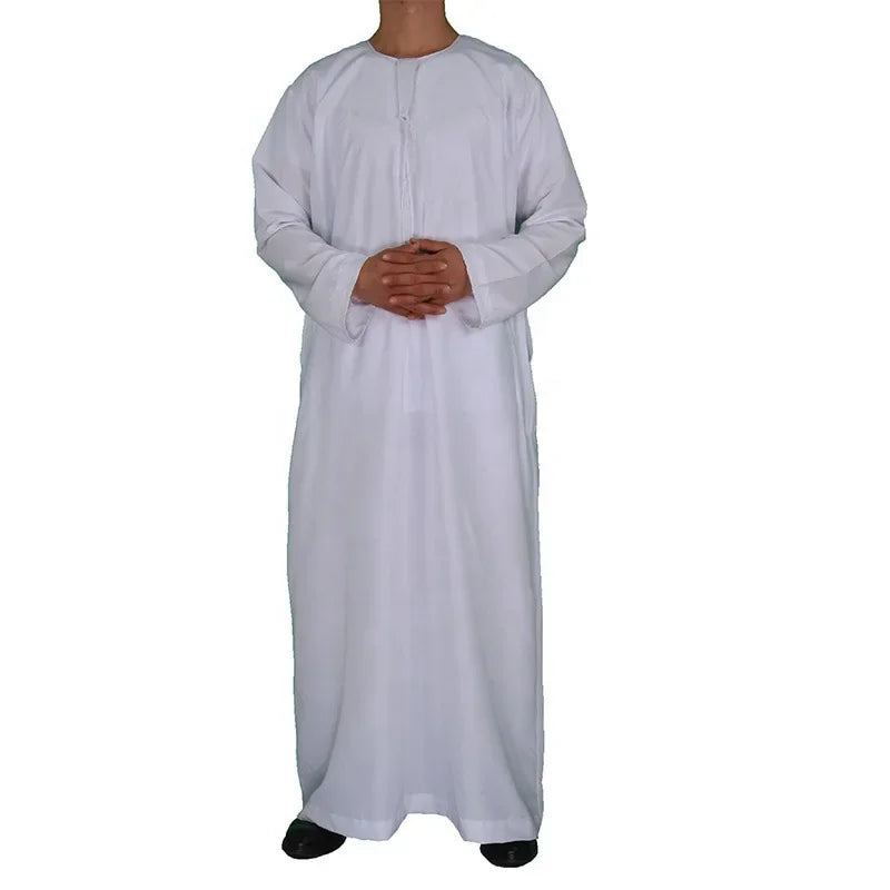 2024 Men's New Muslim Abaya Casual Middle Eastern Round Neck Robe + White Headscarf + Headband Islamic Robe Clothing