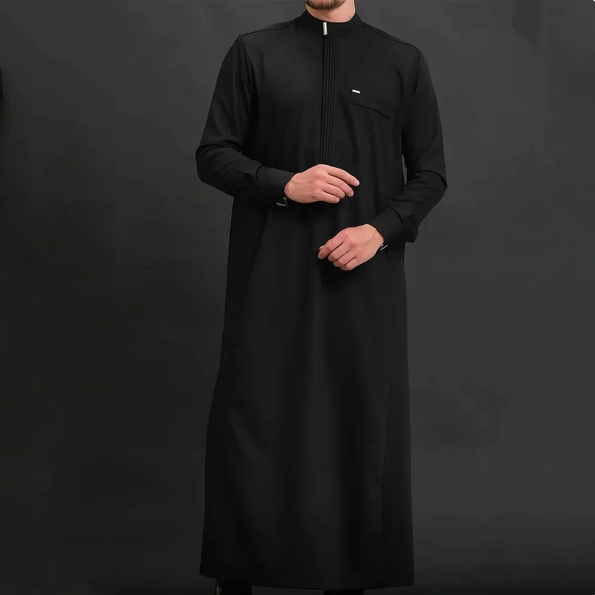 New Muslim Men's Robe Light Grey Elegant Retro Middle Eastern Ethnic Style Printed Button Men's Robe Simple Loose Casual Robe