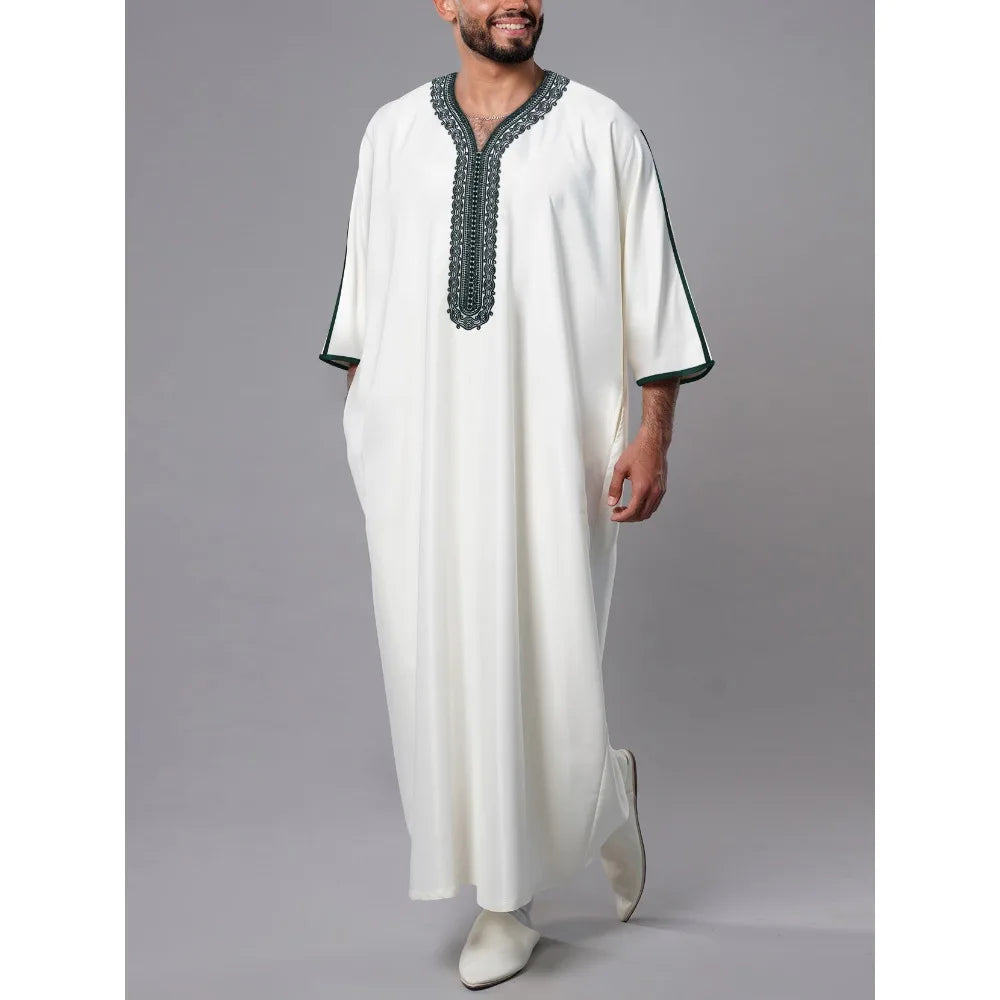 Men's Moroccan Style Thobe - 3/4 Sleeve Arabic Robe with Side Pockets, Ethnic Middle Eastern Loose Fit Muslim Wear