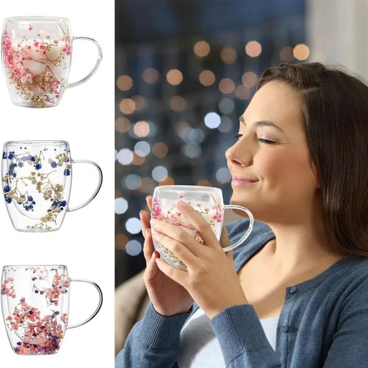 Elegant Full Sky Star Double Layer Glass Cup with Handle 350ml Dried Flowers Glass Mugs Heat Resistant Coffee Mug Flower Cup