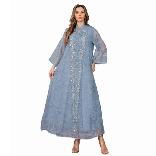 Women Dress Eid Muslim Abaya Party Dresses Sequins Ramadan Mesh Embroidery Jalabiya Dubai Abayas Kaftan Vestidos Arab Long Robe