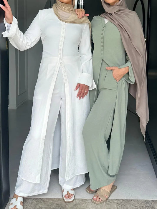Muslim Dubai Türkiye Abayas For Women solid color Long Dresses buckle two-piece set Modest Ramadan Robe Femme Islam Clothing Set