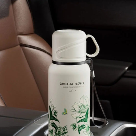 Portable 620ml Flower Pattern Thermos Bottle Stainless Steel with Filter Travel Mug Large-capacity Double Wall Thermal Cup Car