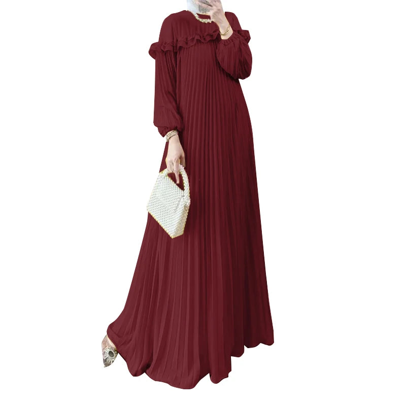 ZANZEA Elegant Hijab O Neck Maxi Dress Pleated Women Solid Muslim Islamic Abaya Robe Lantern Sleeve Casual Ruffles Vestidos