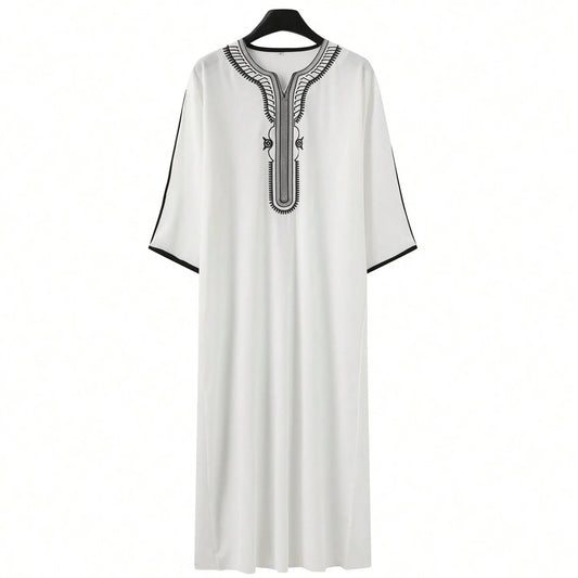 Arab Muslim Men's Robe Ethnic Style Embroidered Moroccan Style Casual Traditional Islamic Thobe Long Dress Prayer Gown