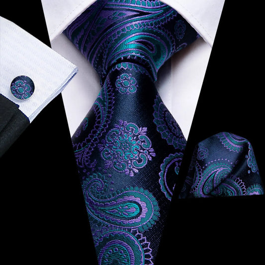 Hi-Tie Designer Black Blue Paisley 63inch Silk Men Tie 160cm Extra Long Ties for Men Woven Classic Men Necktie Pocket Square Set
