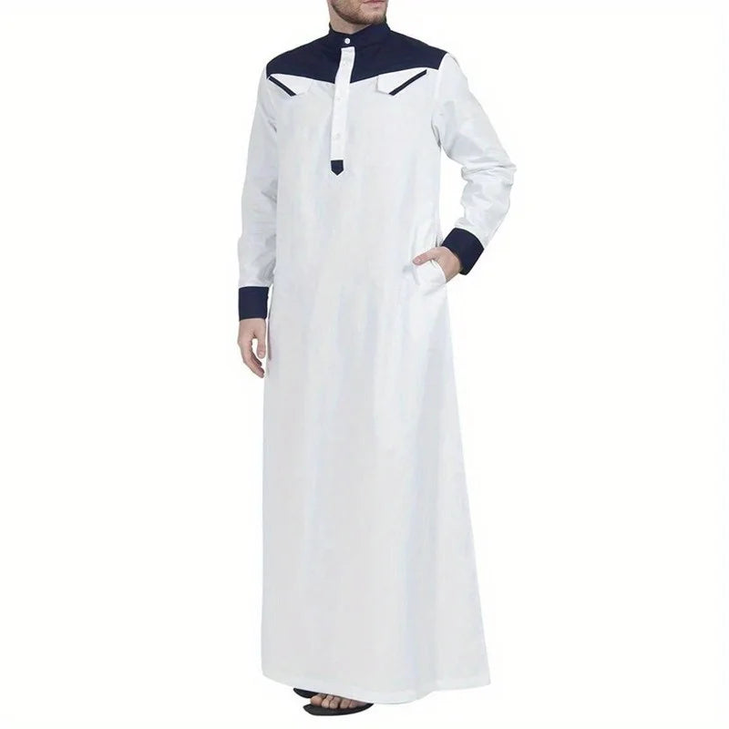 Southeast Asian Muslim Men's Thobe - Color Block Long Sleeve Robe with Mandarin Collar, Traditional Islamic Prayer Dress