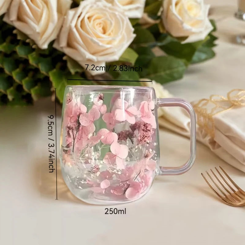 1pc Double-walled Glass Coffee Mug With A Real Flower Design Inside, Suitable For Coffee, Milk, And Other Beverages.