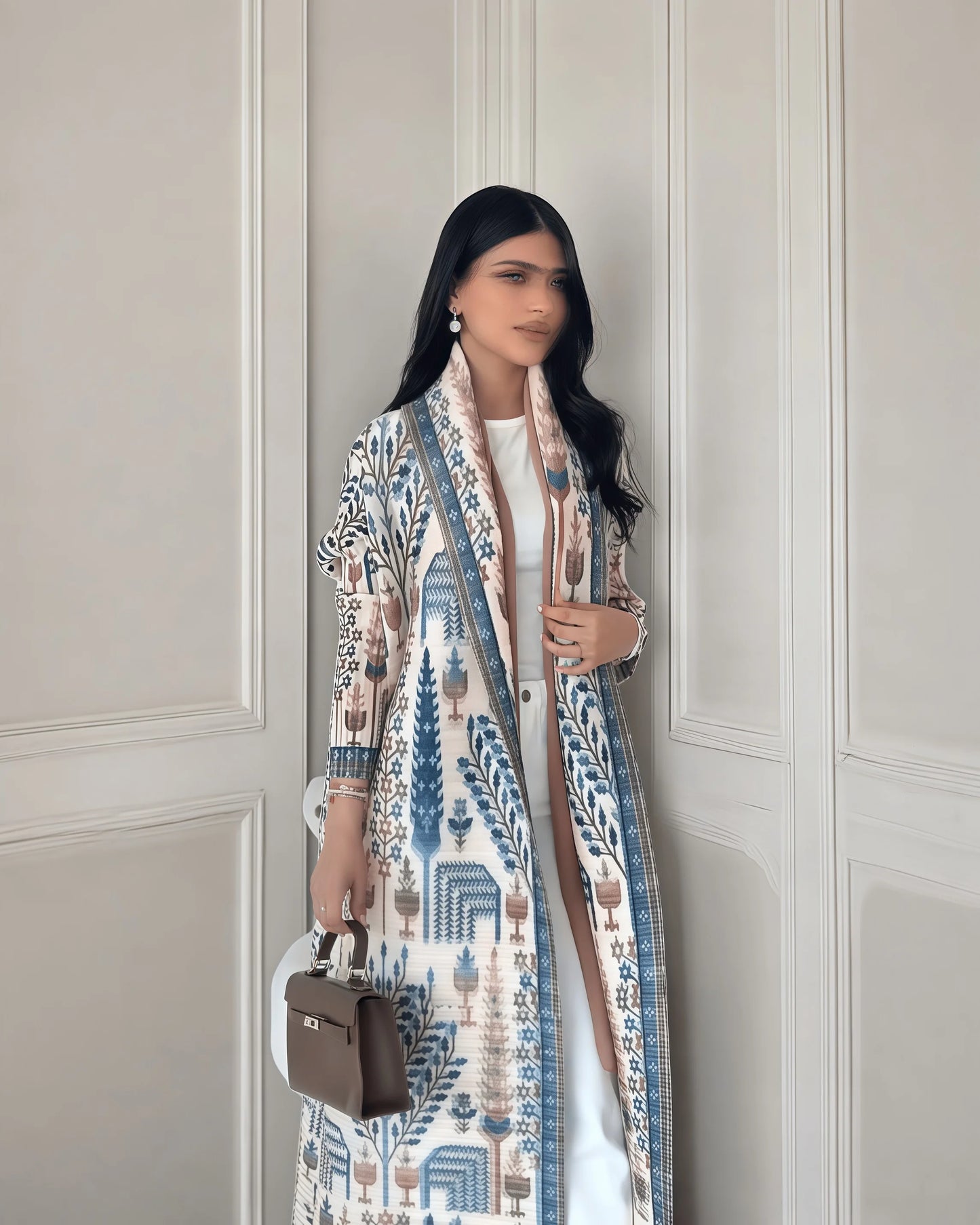 Fold Elegant Vintage Print Open Front Abaya, Lightweight Flowy Loose Fit Women's Modest Fashion Long Kimono Cardigan