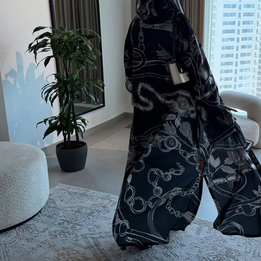 Fashionable Printed Two-Piece Set Large Robe Muslim Middle East Dubai Ethnic Style Outerwear Abaya Open Cardigan Polyester Fa...