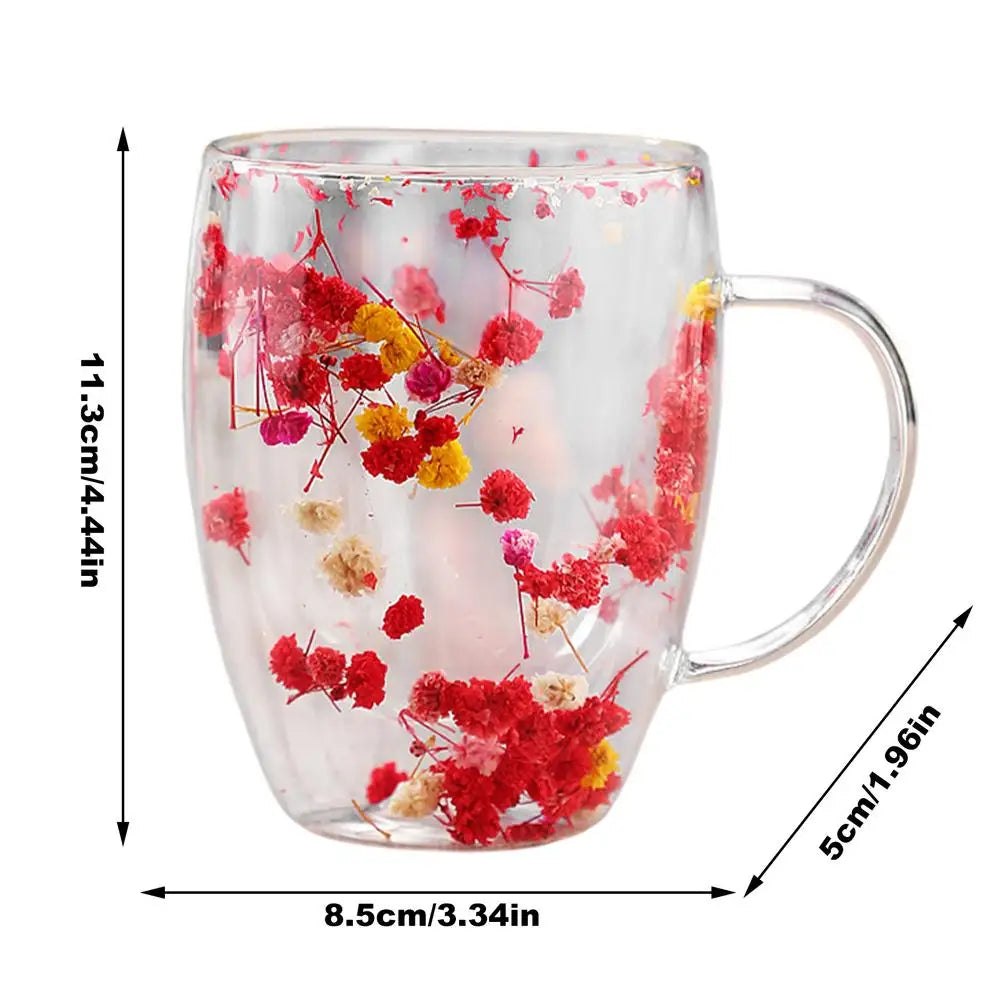 Aesthetic Dried Flower Glass Mug Double-Wall Insulated & Heat Resistant Perfect for Coffee, Tea, Office & Home Decor Gifts