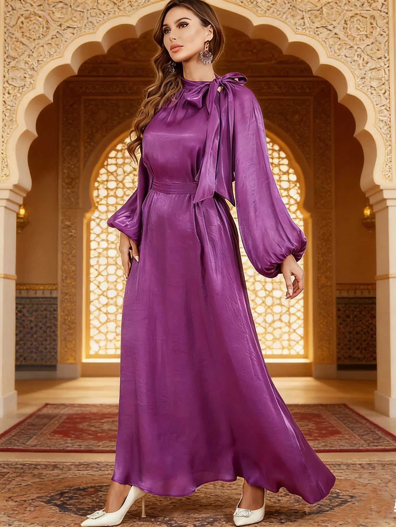 Elegant Tie Neck Abaya Belted Lantern Sleeve Maxi Dress Women Muslim Moroccan Kaftan Ramadan Jalabiya Islam Dubai Arabic Robes