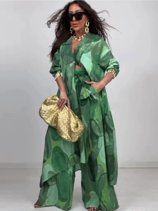 Eid Muslim Suits Women Print Blouses Wide Leg Pants Set Two Piece Musulman Ensemble Dubai Arabic Morocco Islam Casual Ramadan