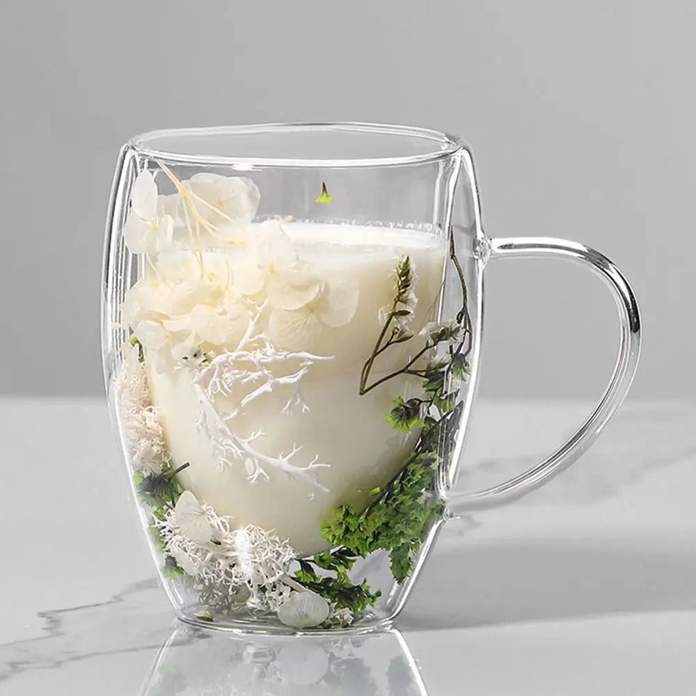 Dried Flowers Double Walled Coffee Mug 350ml Dried Flowers Glass Mugs Unique Creative Flower Mug with Handle Anti-Scalding Mug