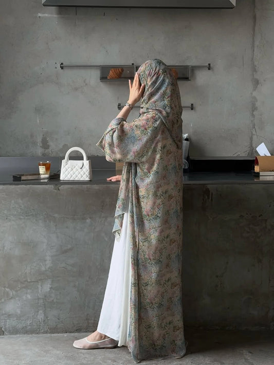 Middle Eastern Elegant Arabic Traditional Cardigan Long-Sleeved Floral Print Abaya Robe with Headscarf