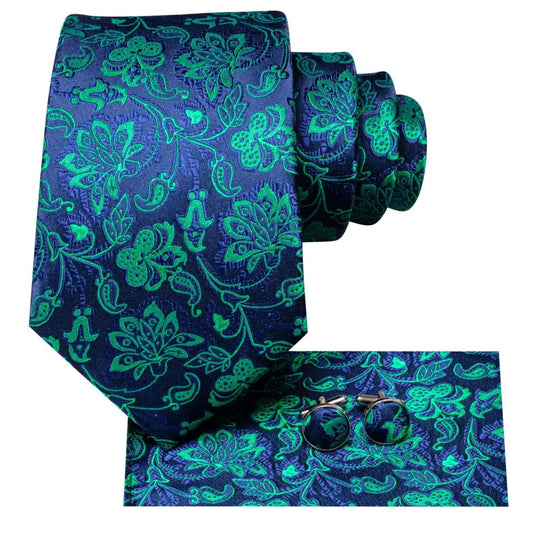 Hi-Tie Teal Green Floral Mens Fashion Necktie Handkerchief Cufflinks for Tuxedo Accessory Classic Silk Luxury Tie for Man Gift